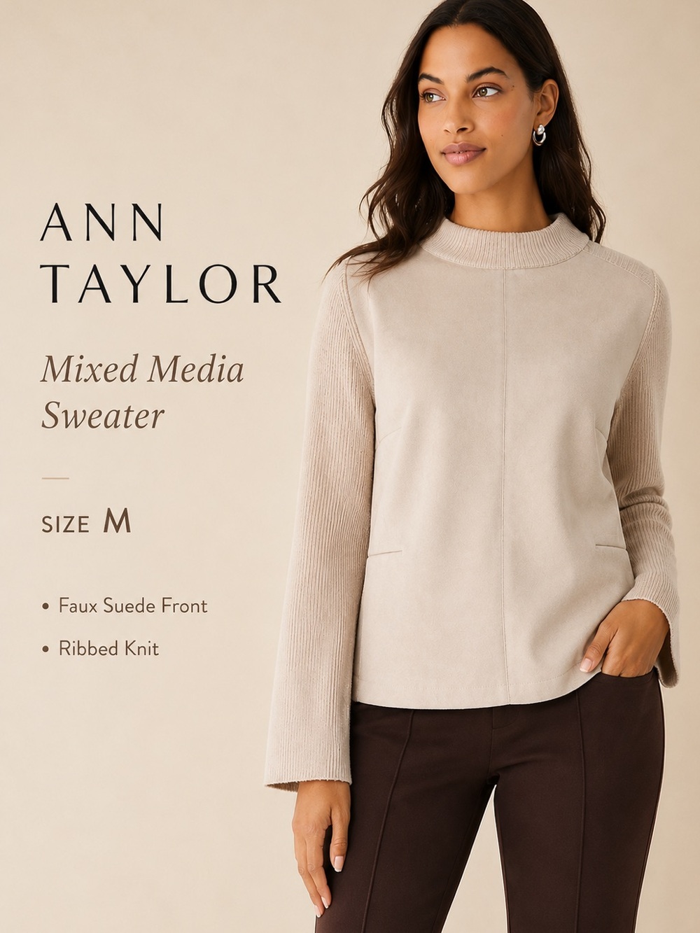 Ann Taylor Mixed Media Faux Suede Knit Sweater Beige Mock Neck Size M